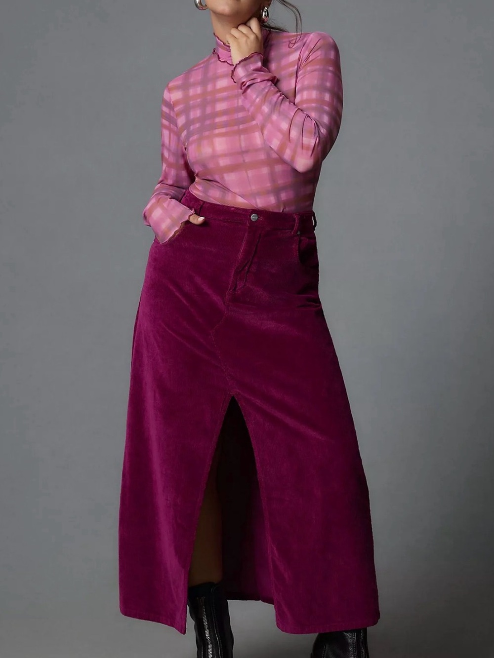 Anthropologie Plum Corduroy Maxi Skirt with Front Slit